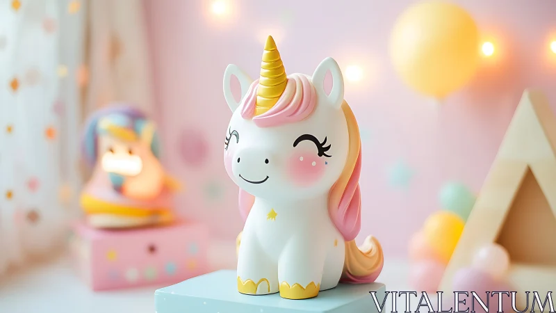 Smiling pastel unicorn toy in a dreamy, softly lit nursery.