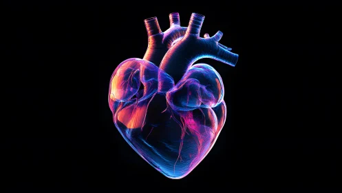 Neon glowing anatomical heart illustration on black background.