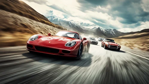 High-speed sports car convoy races through alpine valley