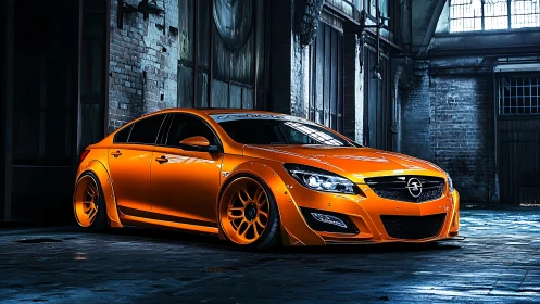Widebody orange sports sedan in abandoned brick warehouse setting