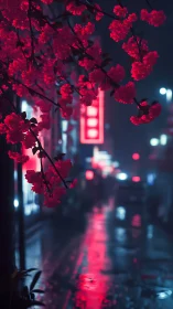 Neon cherry blossoms glow above wet city street at night