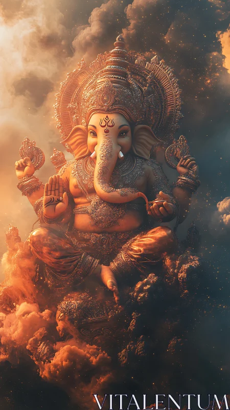 Celestial Ganesha drifts through ember-lit cosmic clouds.