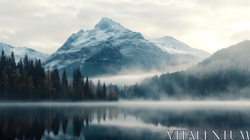 Snowcapped monarch leans over misty pines and mirrored lake