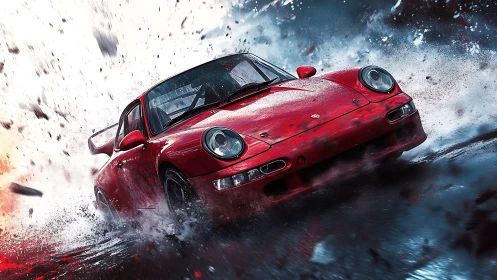 Red sports car slicing through stormy spray in mid-drift.