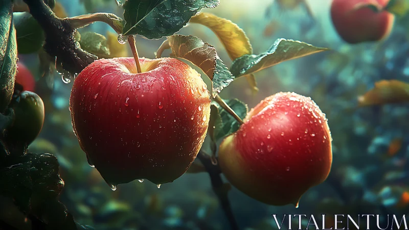 Ripe red apples glow with dewy freshness in morning orchard