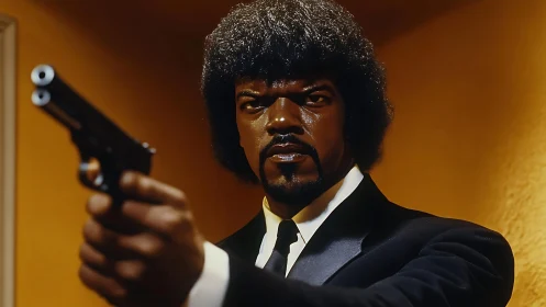 Intense suited man aiming handgun in warm corridor.