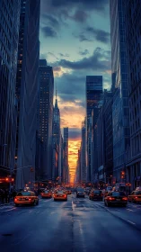 Golden hour glows warmly between tall city towers and taxis