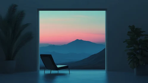 Minimal lounge interior facing calm blue mountain sunset.