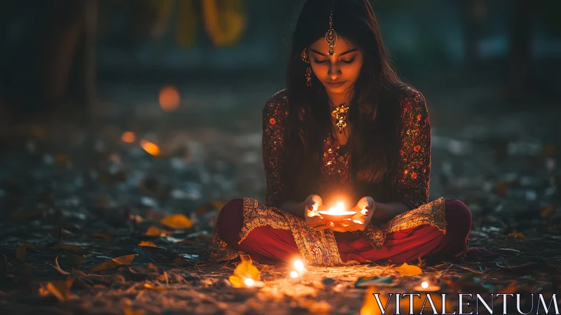 Woman in Traditional Attire Holding Diya Lamps in Soft Evening Light.