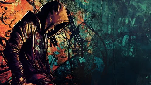 Hooded figure in urban graffiti wall digital painting.
