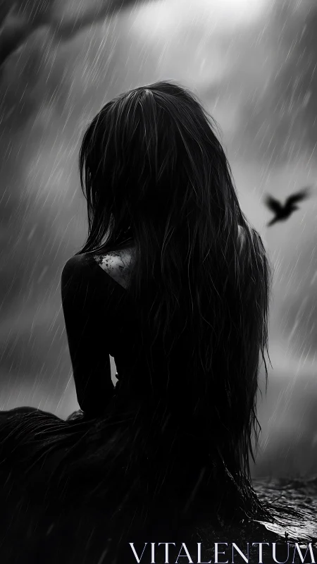 Girl sits in heavy rain with long wet hair falling down