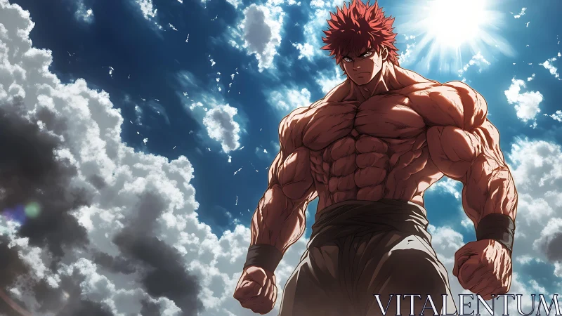 Muscular anime warrior stands under blazing midday sun