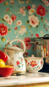 Vintage floral teapot vignette against turquoise wallpaper.