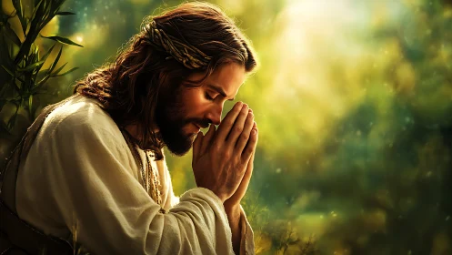 Peaceful figure in prayer bathed in gentle golden light.