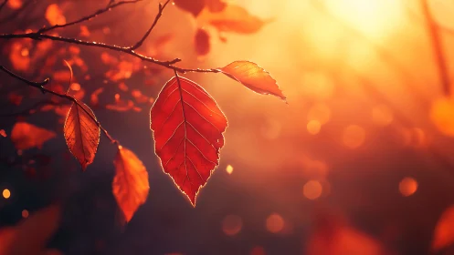 Sunlit autumn leaves in warm orange evening glow.