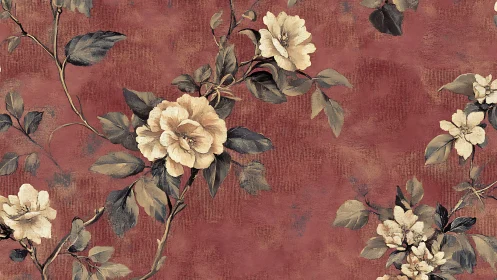 Floral branches cross textured red background in repeat