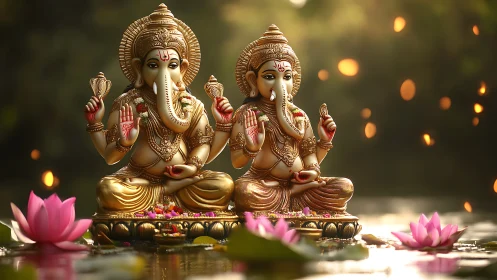 Twin Ganesha statues sit on reflective water with lotus flowers
