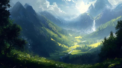 Sunlit mountain valley where quiet rivers wander slowly.