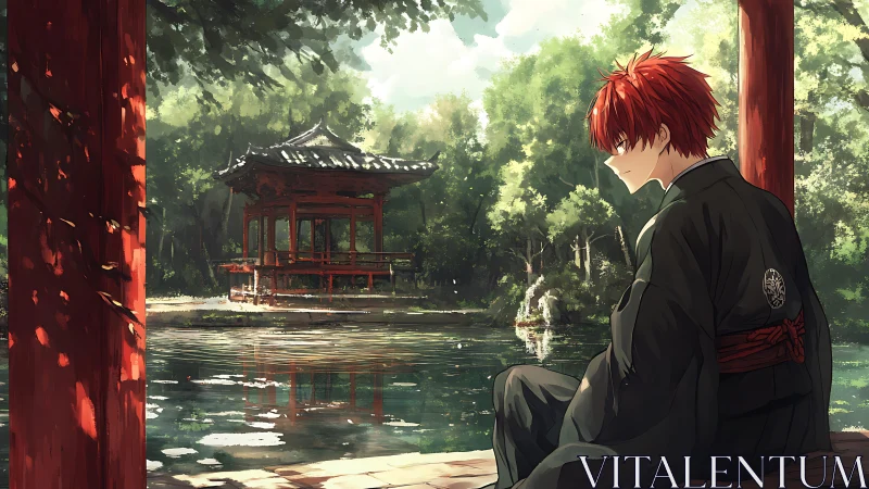 Quiet riverside reflection with red-haired wanderer at rest.