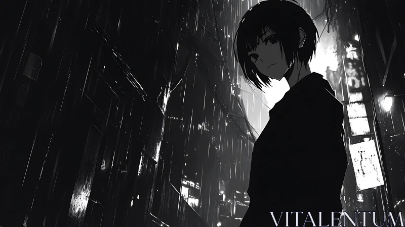 Noir anime figure in rain-soaked neon alley at night.