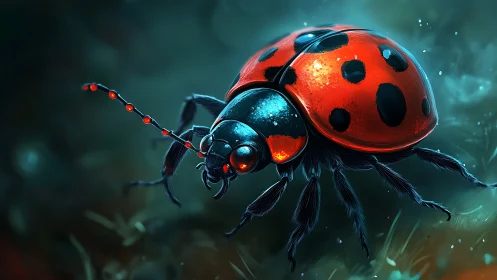 Neon dusk ladybug strides through a glowing micro jungle.