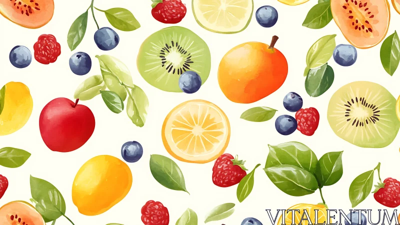 Watercolor citrus and berry pattern with bright organic leaves.