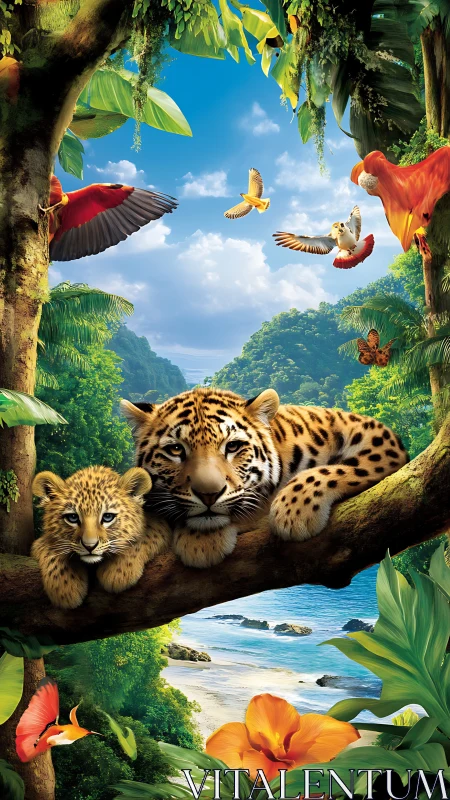 Tiger and Leopard Cub in Tropical Rainforest Canopy with Flying Parrots