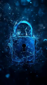 Liquid blue padlock symbolizing secure data flow.