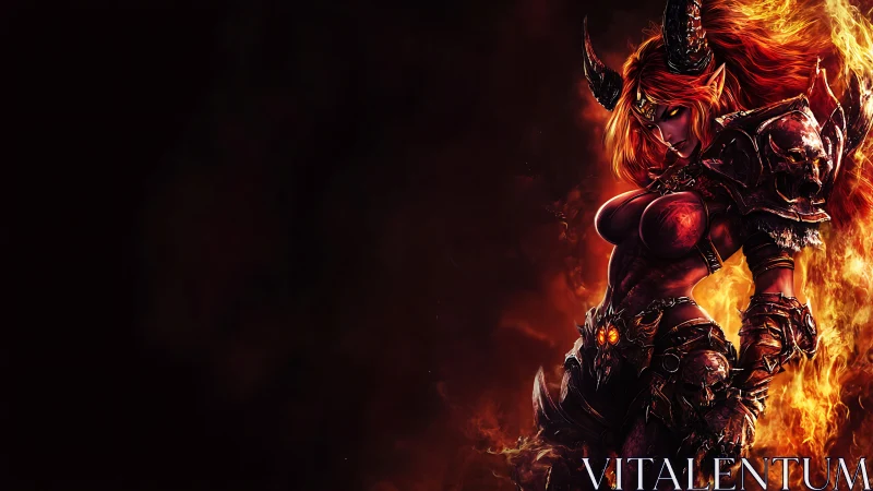 Demonic fire warrior queen in infernal armor stands alone.