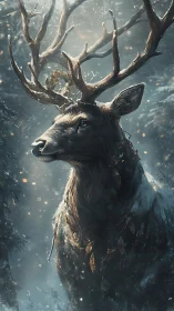 Majestic stag stands crowned by winter forest light.
