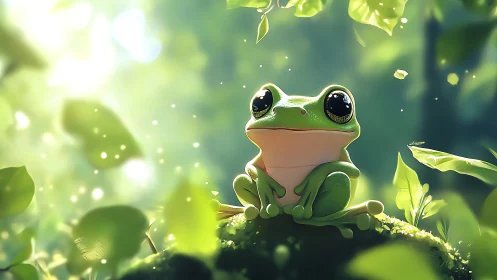 Sunlit forest frog daydreaming on a glowing moss throne.