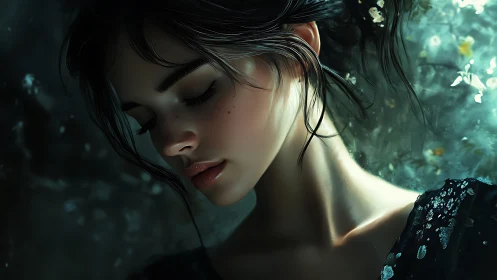 Moonlit thoughts drift across her freckled, sea-glass silence