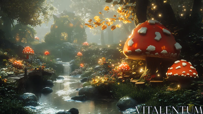 Mushroom-lit fairy creek glows beneath a dreamy woodland dusk.