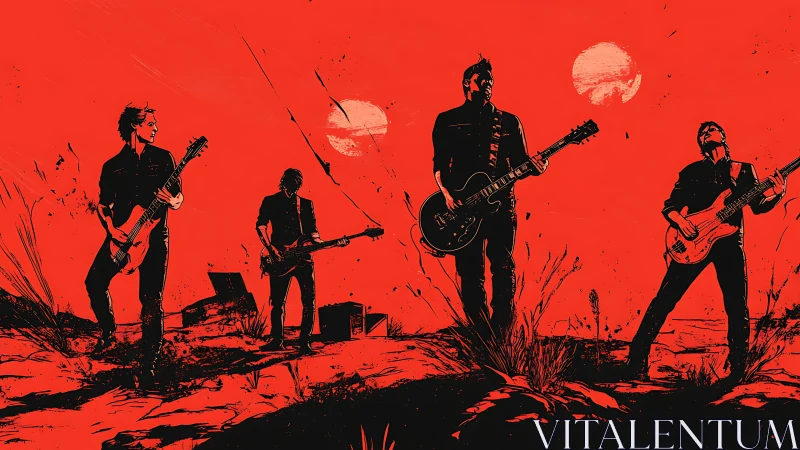 Rock band silhouettes in red desert landscape at sunset.