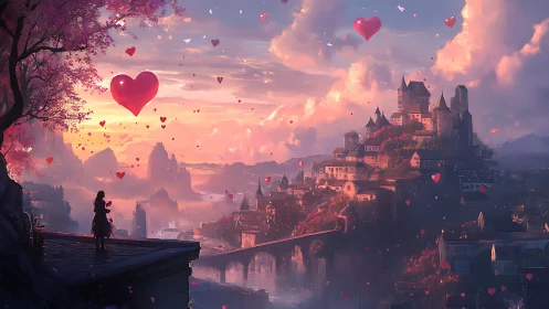 Romantic fantasy castle kingdom bathed in golden sunset light