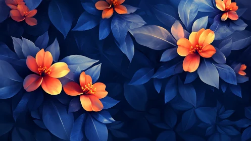 Luminous Coral Blooms Against Deep Indigo Foliage Digital Rendering.