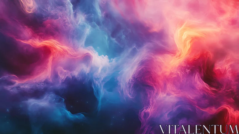Vibrant cosmic nebula in swirling pink, blue and gold clouds.
