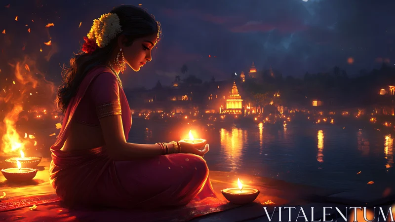 River of quiet flames and a festival dreamer in prayer.