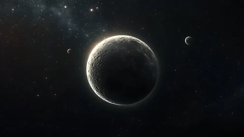 Cratered planetary body with two distant moons in space.