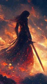 Figure with sword stands amid dense flames and rising embers