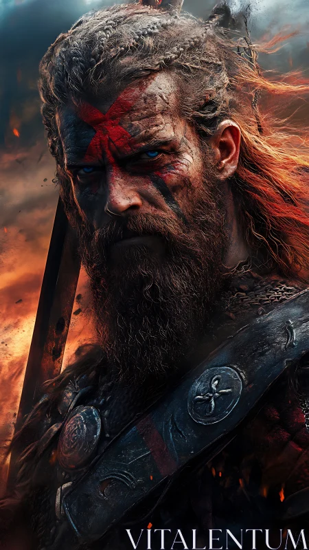 Fierce Viking warrior in firelit battle storm portrait.