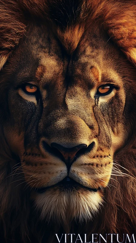 Intense lion portrait with dramatic golden side lighting.