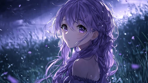 Purple haired anime girl in moonlit field with drifting petals