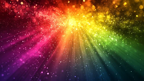 Prismatic light burst with radial bokeh particles and color spectrum