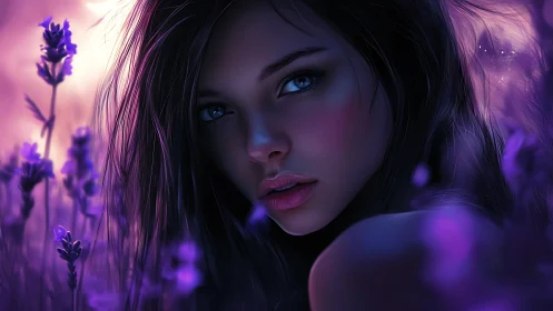 Lavender field portrait with luminous violet dusk glow.