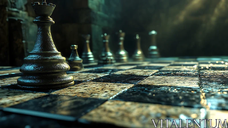 Metal chess king stands on worn, wet stone chessboard