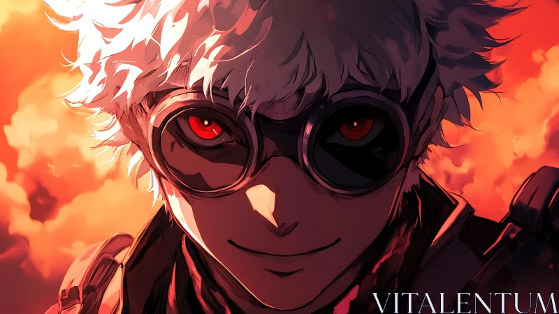 Goggled white‑haired antihero smiles against a burning sky