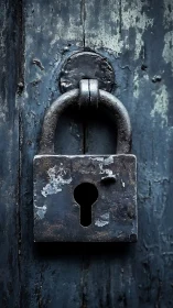 Weathered metal padlock dominates an aged wooden door surface.