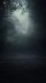 Moonlit mistway winding through a shadow-drenched forest.