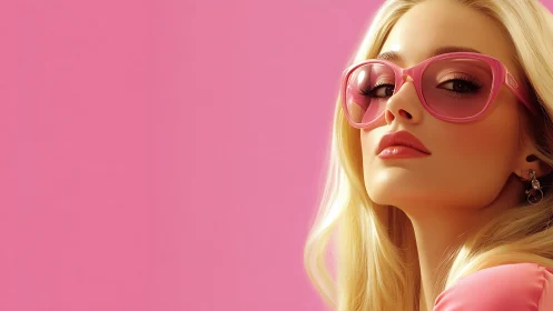 Blonde model wears pink sunglasses against smooth pink backdrop